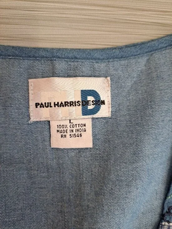 Vtg Paul Harris Vest Womens Blue Plaid Floral Embroidered Cotton Large Cottage - Picture 2 of 8